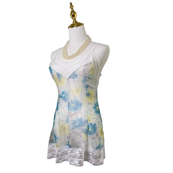 Vintage 60s Italy Blue Sheer Nylon Lacy Micro Mini Slip Dress Women's Size M - Picture 6 of 12